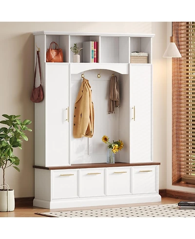 Streamdale 4-in-1 Hall Tree: 59" Wide, Golden Hooks, Walnut Bench, Adjustable Shelves, White