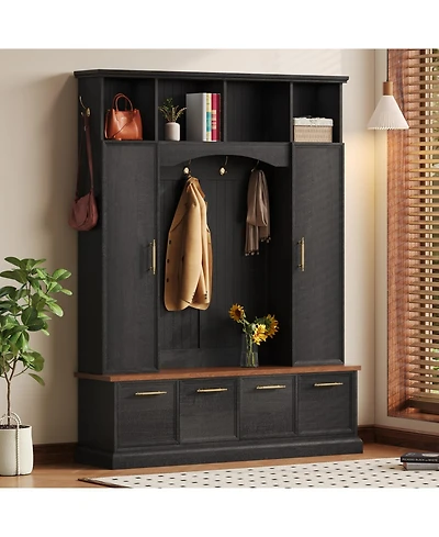Streamdale 4-in-1 Hall Tree: 59" Wide, Golden Hooks, Walnut Bench, Adjustable Shelves, White