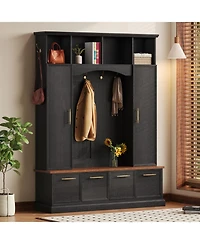 Streamdale 4-in-1 Hall Tree: 59" Wide, Golden Hooks, Walnut Bench, Adjustable Shelves, White