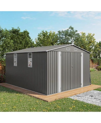 Streamdale Furniture 10x12FT Metal Garden Storage Shed, Double Door, Window, Waterproof - Grey