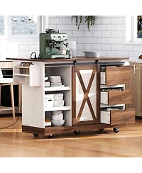 Streamdale Furniture 55.5" Farmhouse Kitchen Island w/ Drop Leaf, Barn Door, Power Outlet, Rolling Cart - White