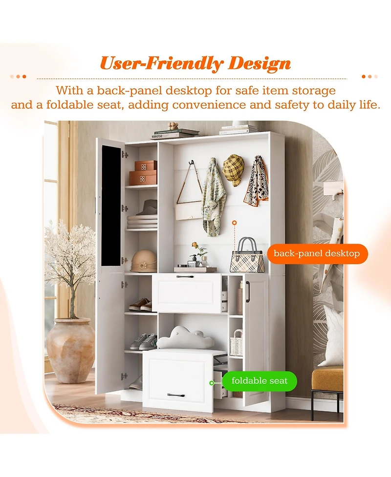 Streamdale Furniture Entryway Bench with Shoe Cabinet, Hall Tree, Hooks & Foldable Seat