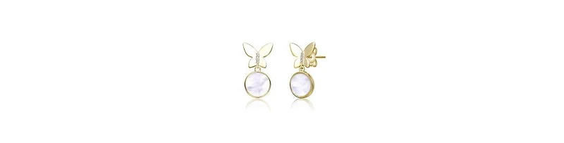 Rachel Glauber 14K Gold Plated with White Mother Of Pearl Circle & Butterfly Drops Earrings
