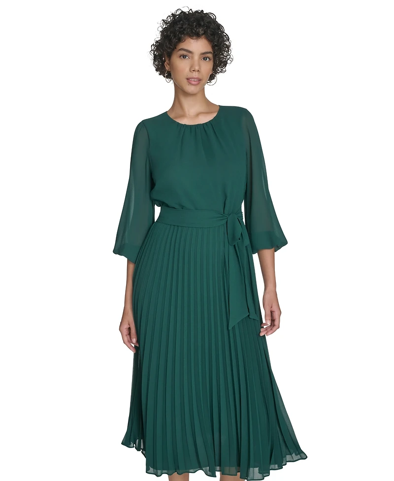 Jessica Howard Petite Balloon Sleeve Shirred Neck Pleated Skirt Belted Midi Dress