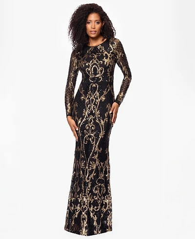 Betsy & Adam Petite Sequinned Mesh-Sleeve Evening Gown