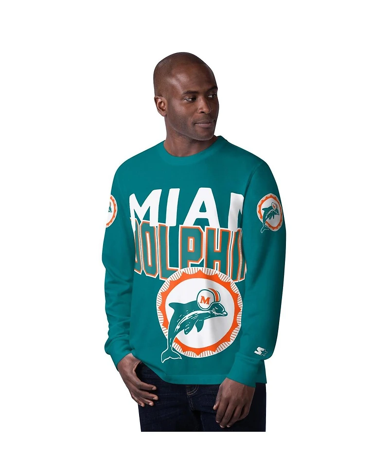 Starter Men's Aqua Miami Dolphins Extreme Clutch Hit Vintage Logo Long Sleeve T-Shirt
