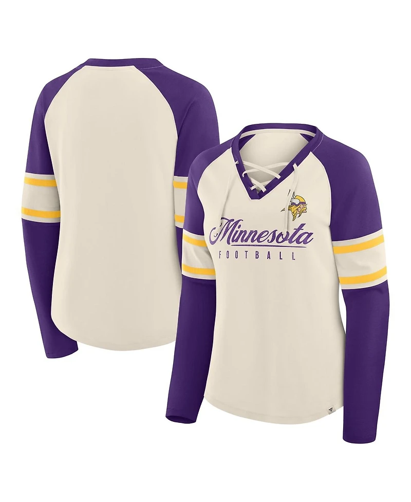 Fanatics Women's Cream/Purple Minnesota Vikings Hometown Gridiron Hero Raglan Lace-Up V-Neck Long Sleeve T-Shirt