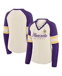 Fanatics Women's Cream/Purple Minnesota Vikings Hometown Gridiron Hero Raglan Lace-Up V-Neck Long Sleeve T-Shirt