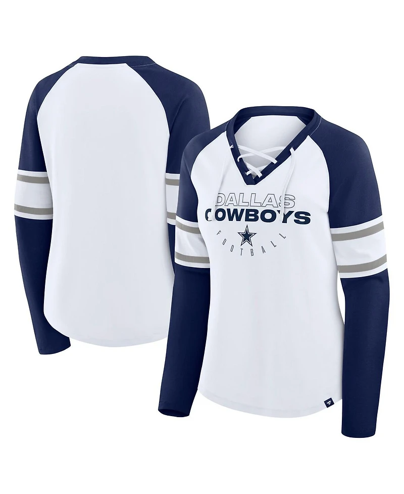 Fanatics Women's White/Navy Dallas Cowboys Redzone Blitz Package Raglan Lace-Up V-Neck Long Sleeve T-Shirt