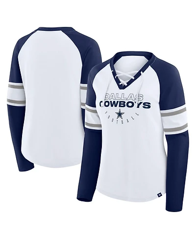 Fanatics Women's White/Navy Dallas Cowboys Redzone Blitz Package Raglan Lace-Up V-Neck Long Sleeve T-Shirt