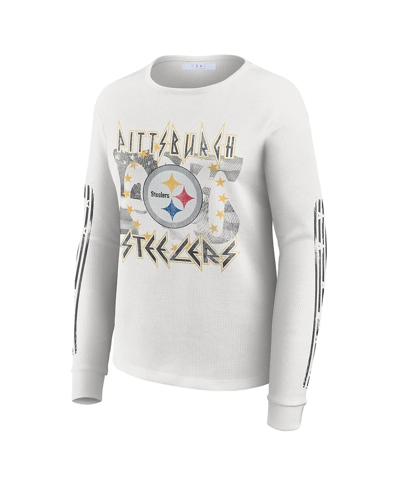 Wear by Erin Andrews Women's White Pittsburgh Steelers Graphic Waffle Long-Sleeve T-Shirt
