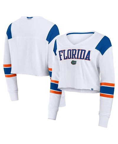 Fanatics Women's White Florida Gators Training Camp Cropped Long Sleeve V-Neck Fashion Top