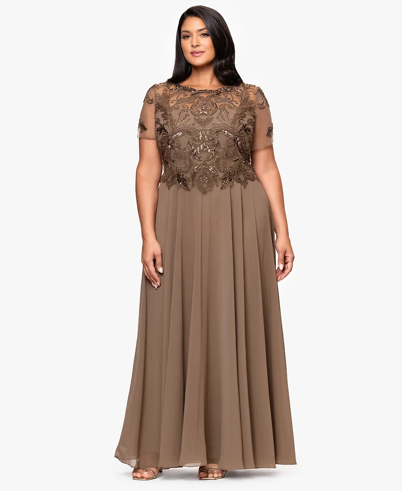 Xscape Plus Bead Detail A-line Maxi Dress