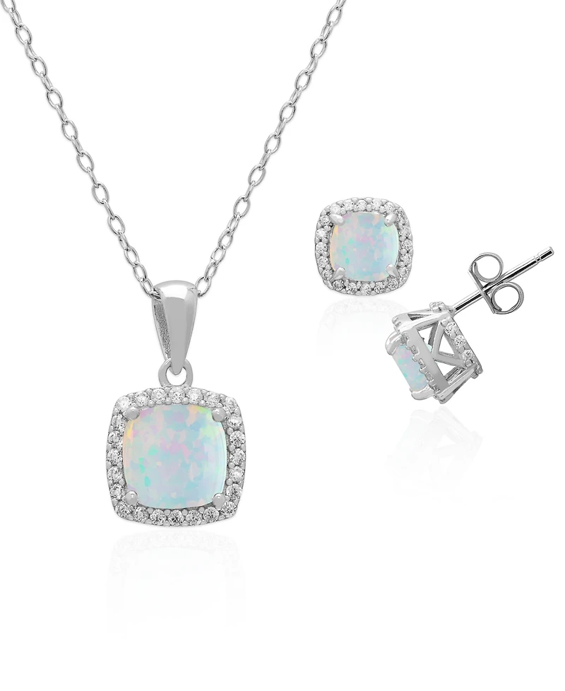 Macy's 2-Piece Set Lab Grown White Opal (2 ct. t.w.) and Sapphire (5 Cushion Halo Pendant Necklace with Matching Earrings Sterling Silver