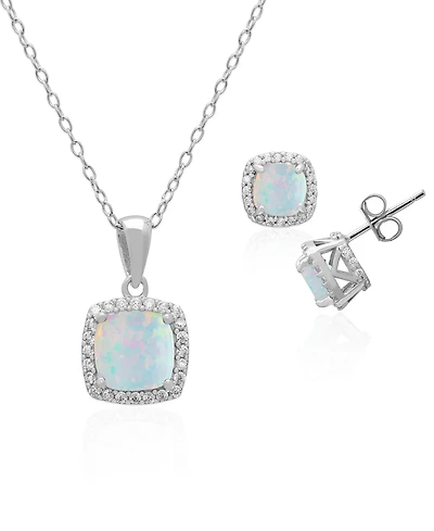 Macy's 2-Piece Set Lab Grown White Opal (2 ct. t.w.) and Sapphire (5 Cushion Halo Pendant Necklace with Matching Earrings Sterling Silver