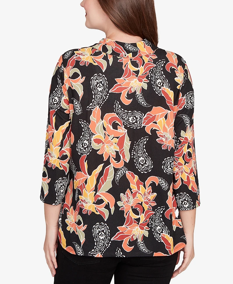 Ruby Rd. Petite Shirt Collar Floral Paisley Button Front Top