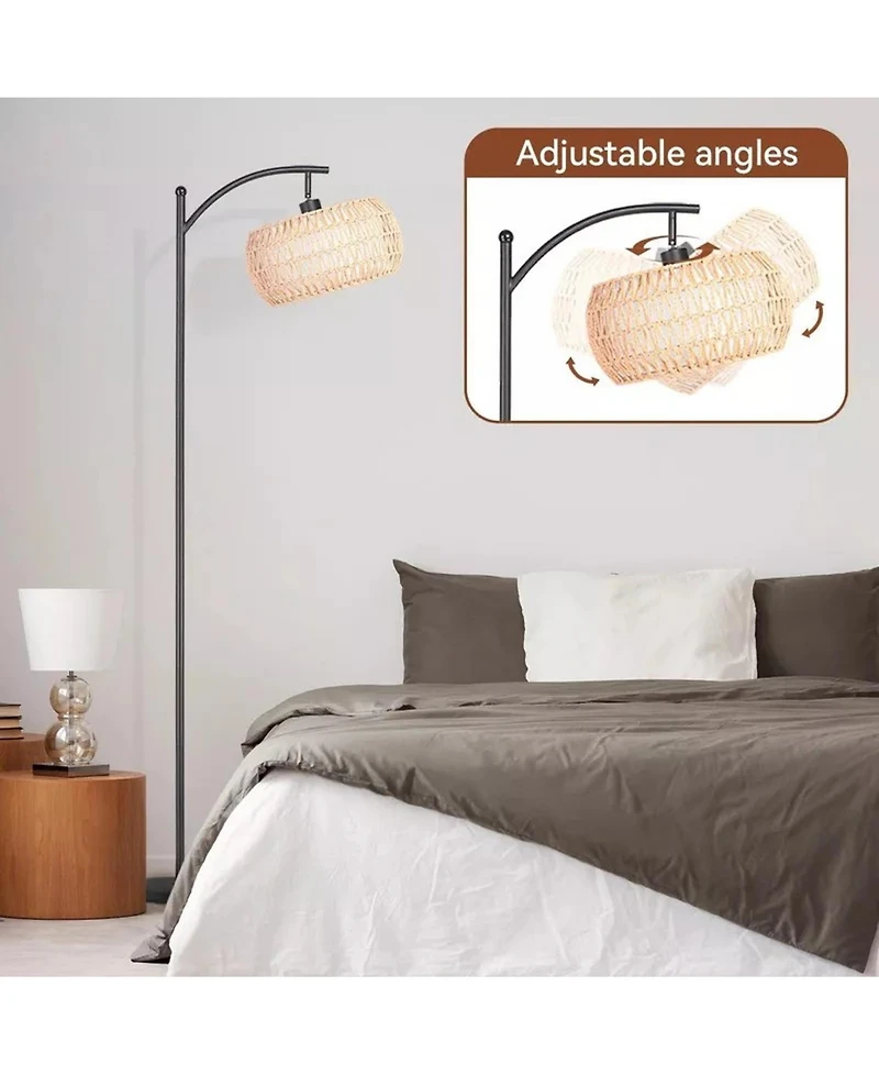 Sugift Dimmable Boho Floor Lamp with Rattan & Linen Drum Shade – Remote & Footswitch Control