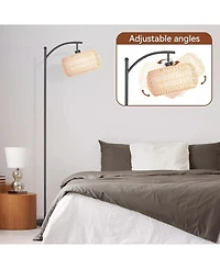 Sugift Dimmable Boho Floor Lamp with Rattan & Linen Drum Shade – Remote & Footswitch Control