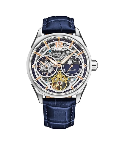 Stuhrling Vanguard 1019.02 Legacy Collection Dual Time Automatic Skeleton Watch 42mm Stainless Steel Blue Dial Leather Strap