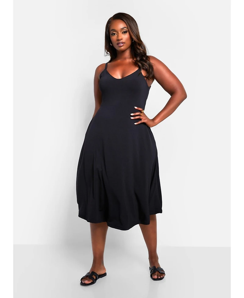 Rebdolls Plus V Neck Strappy Midi Skater Dress - Black