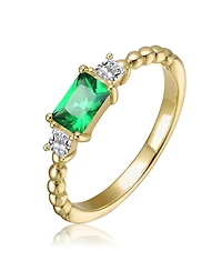 Rachel Glauber 14K Gold Plated with Green & Clear Cubic Zirconia Three Stone Ring
