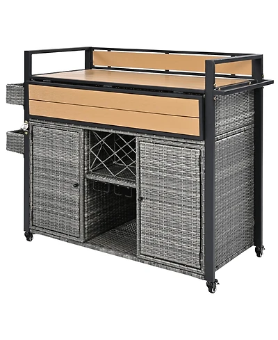 Slickblue Wicker Outdoor Grill Cart with Extended Table Top and Storage Cabinet