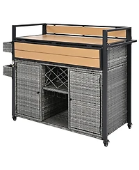 Slickblue Wicker Outdoor Grill Cart with Extended Table Top and Storage Cabinet