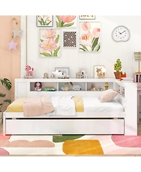 Gymax Twin Size Daybed w/ Trundle Bedside Shelves Reversible Bookcase Headboard