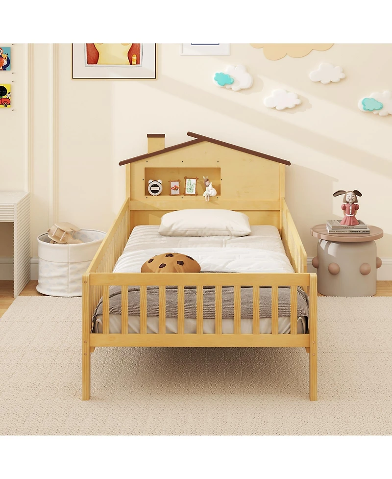 Gymax Twin Kids Bed Solid Wood Platform w/ Under-bed Storage & Cube
