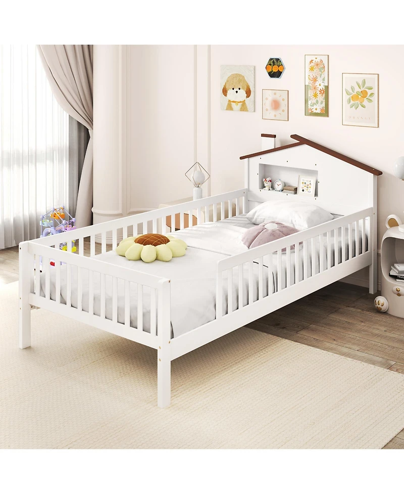 Gymax Twin Kids Bed Solid Wood Platform w/ Under-bed Storage & Cube