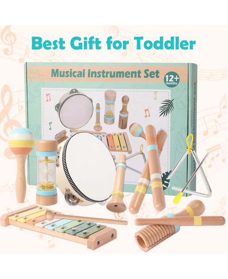 9-Piece Wooden Musical Instruments Set for Toddlers, Montessori Toys for Kids
