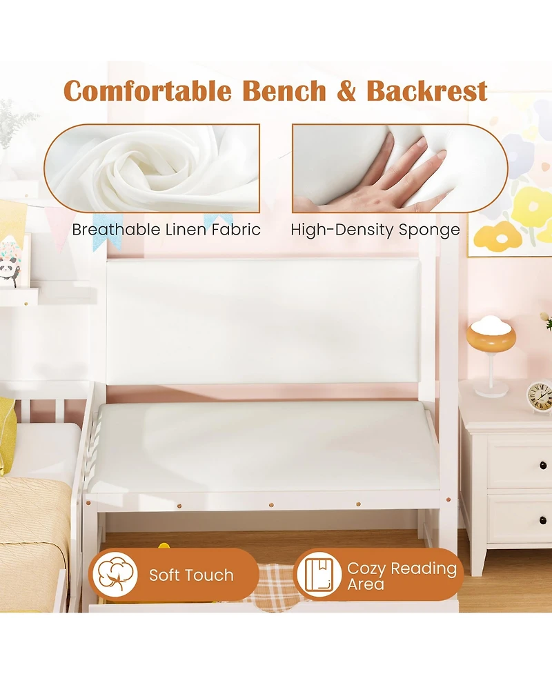 Gymax Twin Size House Bed Kids Platform Bed w/ Padded Bench & Floating Shelves