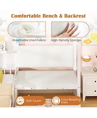 Gymax Twin Size House Bed Kids Platform Bed w/ Padded Bench & Floating Shelves