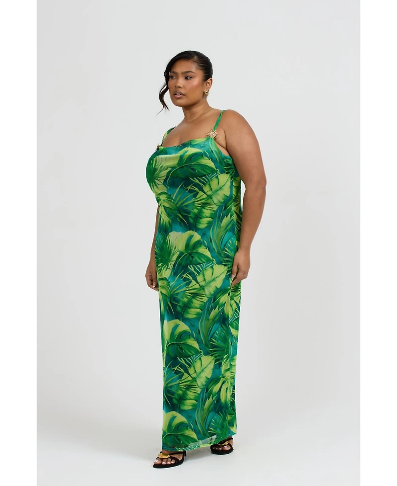 Fashion-szn Curve Women's Palm Print Gold Trim Maxi Dress