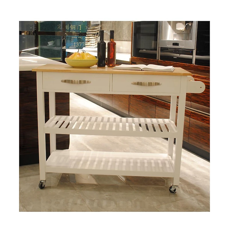 Casainc Mobile Kitchen Island Cart with Rubber Wood Top, Lockable Wheels and Storage Drawers