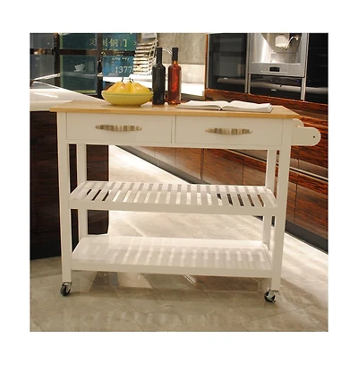 Casainc Mobile Kitchen Island Cart with Rubber Wood Top, Lockable Wheels and Storage Drawers