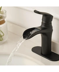 Greenspring Waterfall Single Handle Single Hole Low-Arc Modern Bathroom Faucet Bathroom Drip-Free Vanity Sink Faucet in Matte Black