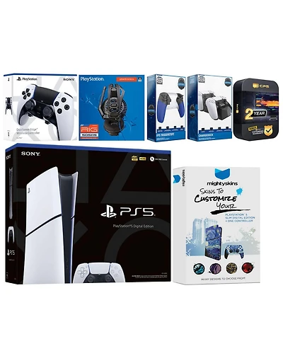 Sony Playstation 5 Slim Digital with Extra Edge Controller, Plantronics Headset, Trigger Stop Kit, Charge Dock and MightySkins Decal Voucher + 2 Year