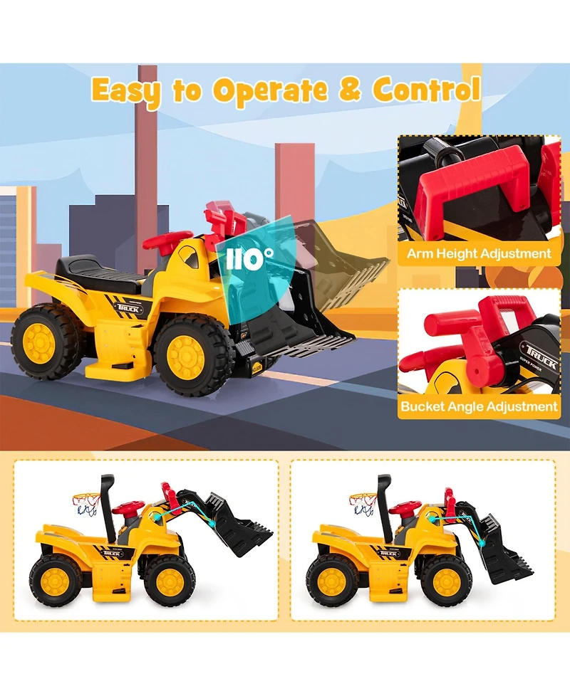 6V Kids Ride On Bulldozer with Folding Basketball Hoop and Balls