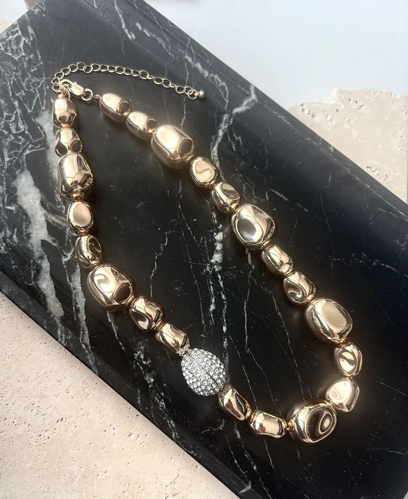Adornia Gold Crystal Pebbled Gold Necklace with Centerpiece