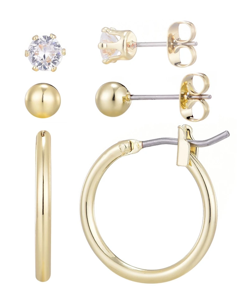 Adornia Gold Hoop, Solitaire and Ball Stud Set
