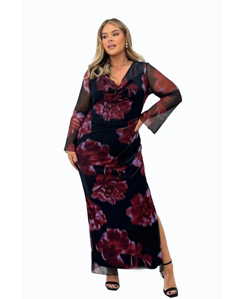 Fashion-szn Curve Women's Cowl Neck Mesh Flare Sleeve Maxi Dress