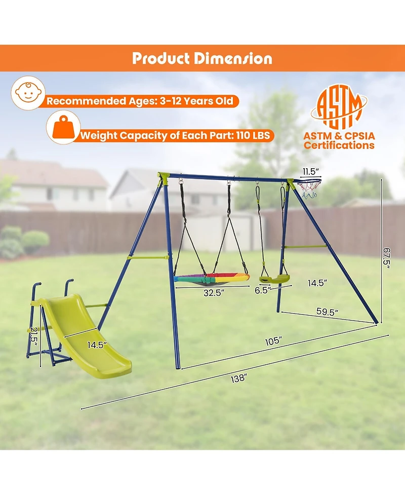 Gymax Kids 4-in-1 Swing Set for Backyard Heavy-Duty Metal Playset for 3-12 Years Old