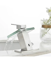Greenspring Glass Spout Waterfall Single Hole Handle Bathroom Sink Faucet With Pop Up Drain Overflow