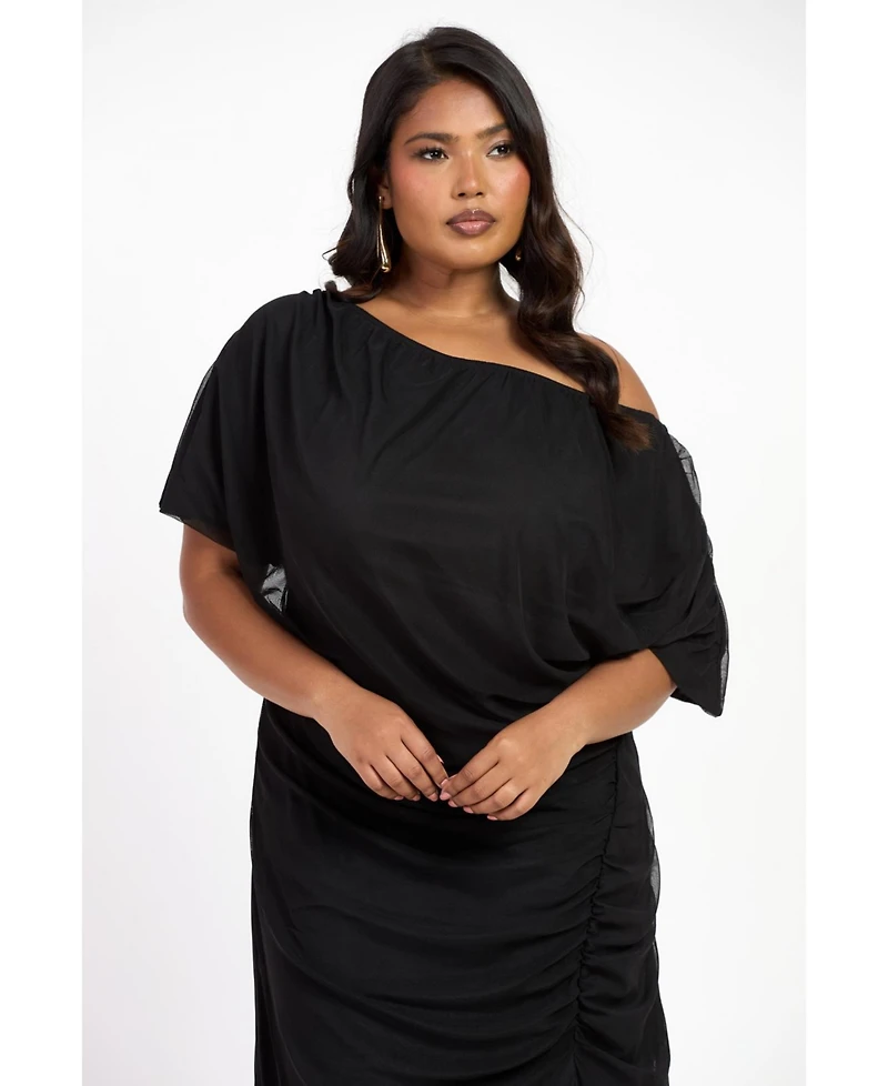 Fashion-szn Drop Shoulder Ruched Mesh Midaxi Dress