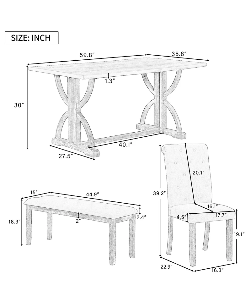 Casainc 6 Piece Rectangular Dining Table Set with 4 Upholstered Chairs and Bench
