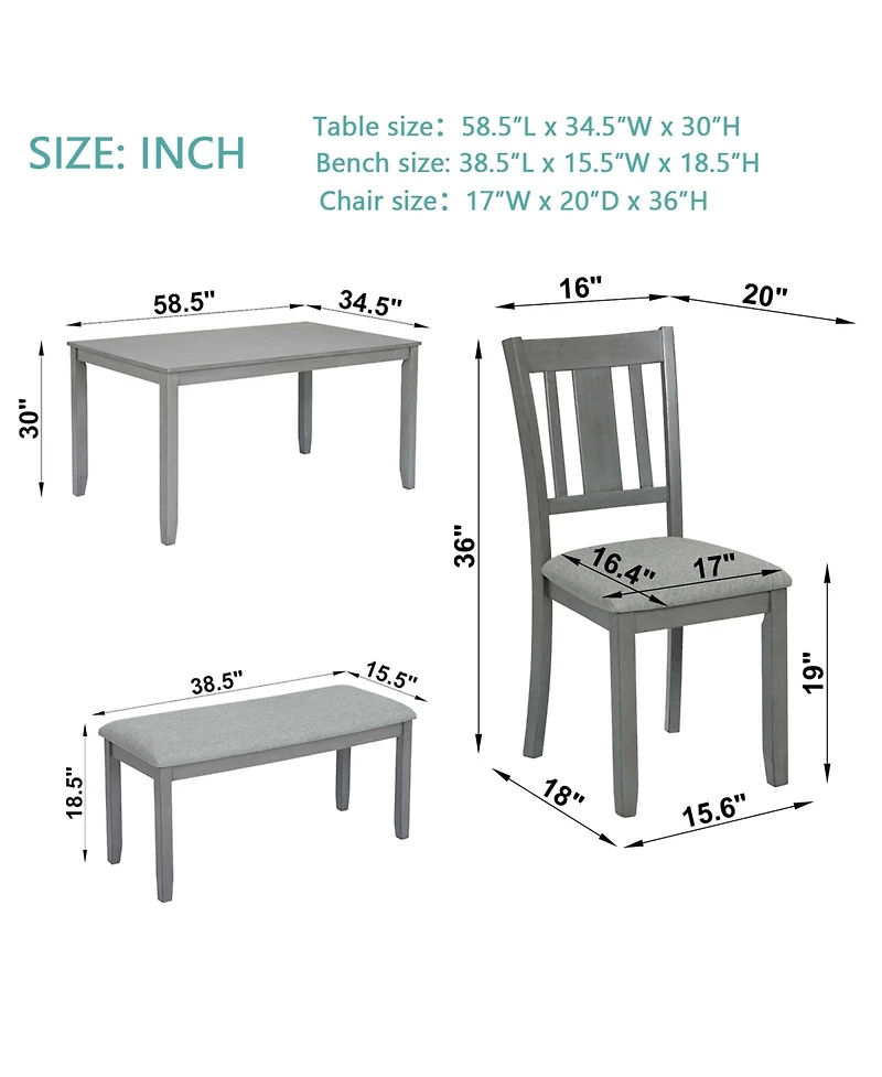 Casainc 6 Piece Dining Table Set with Rectangular Table, 4 Chairs and Bench for Dining Room
