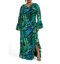 Fashion-szn Curve Ruffle Cowl Neck Palm Print Maxi Dress