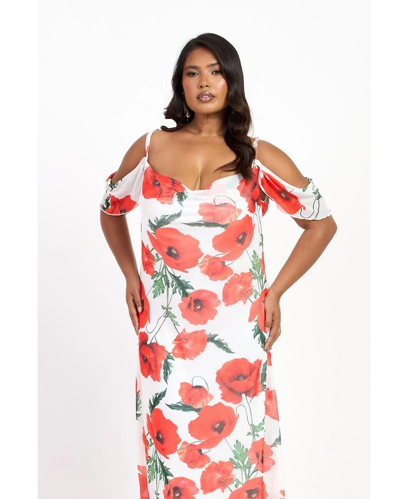 Fashion-szn Curve Women's Cold Shoulder Poppy Print Strappy Dress