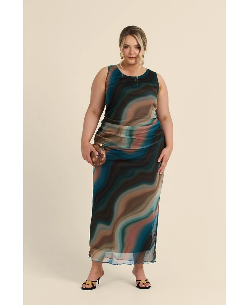 Fashion-szn Curve Women's Sleeveless Mesh Swirl Print Midaxi Dress